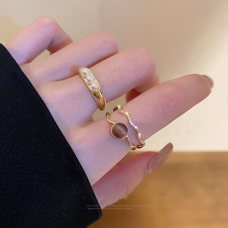 Real Gold Plated Zircon Cat's Eye Double Layer Open Ring
