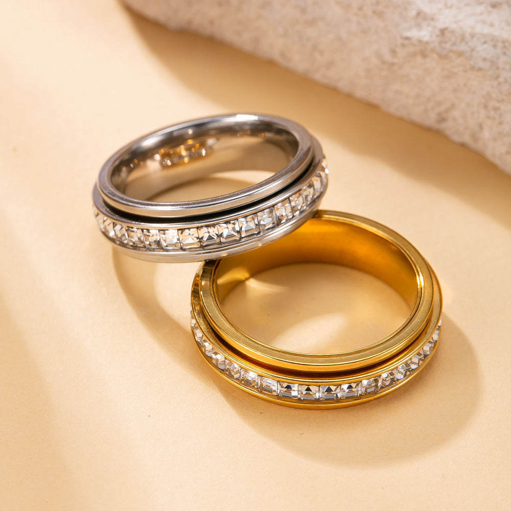 Rotatable Square Diamond Stainless Steel Ring