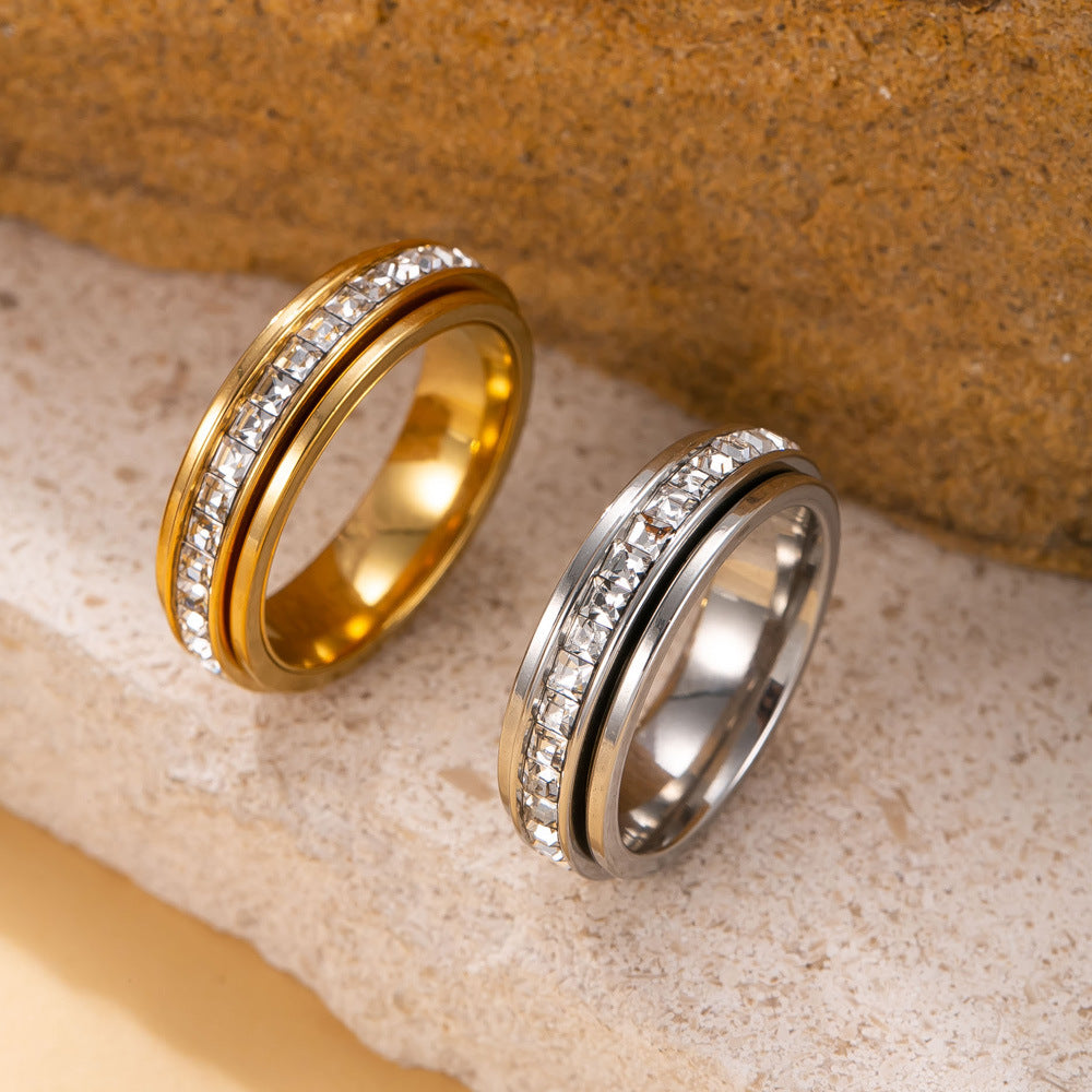 Rotatable Square Diamond Stainless Steel Ring