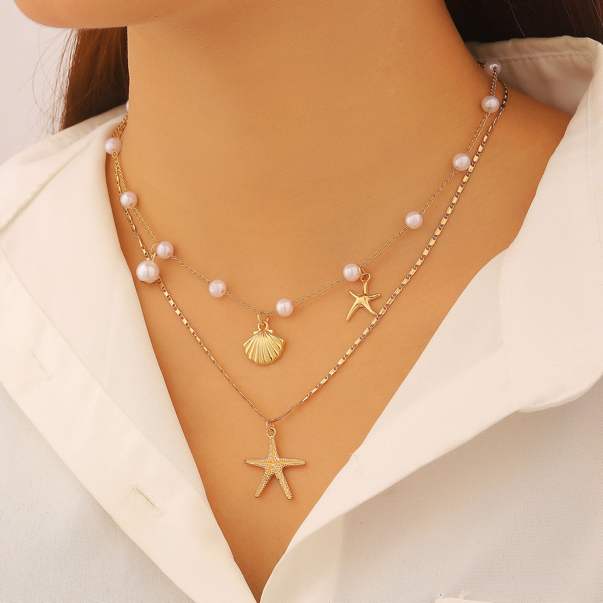 Shell and Pearl Multi-layer Necklace, Fashionable and Bold Layered Necklace
