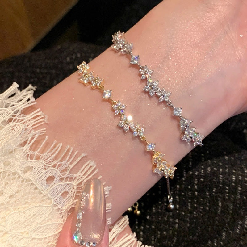 French Style Floral Zircon Bracelet for Women Sweet Korean Dating Jewelry