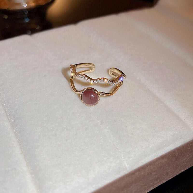 Real Gold Plated Zircon Cat's Eye Double Layer Open Ring