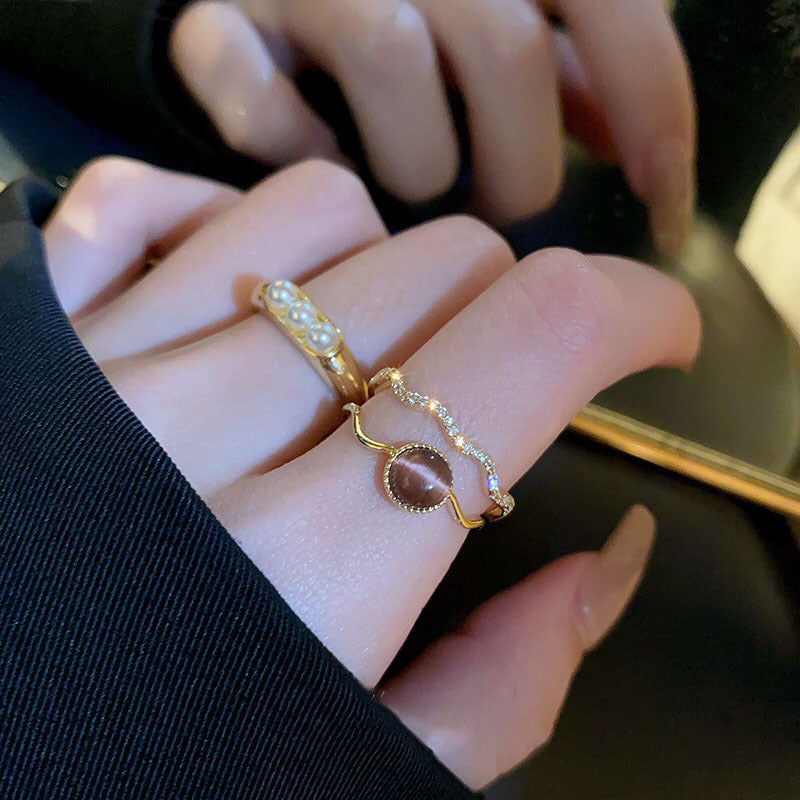 Real Gold Plated Zircon Cat's Eye Double Layer Open Ring