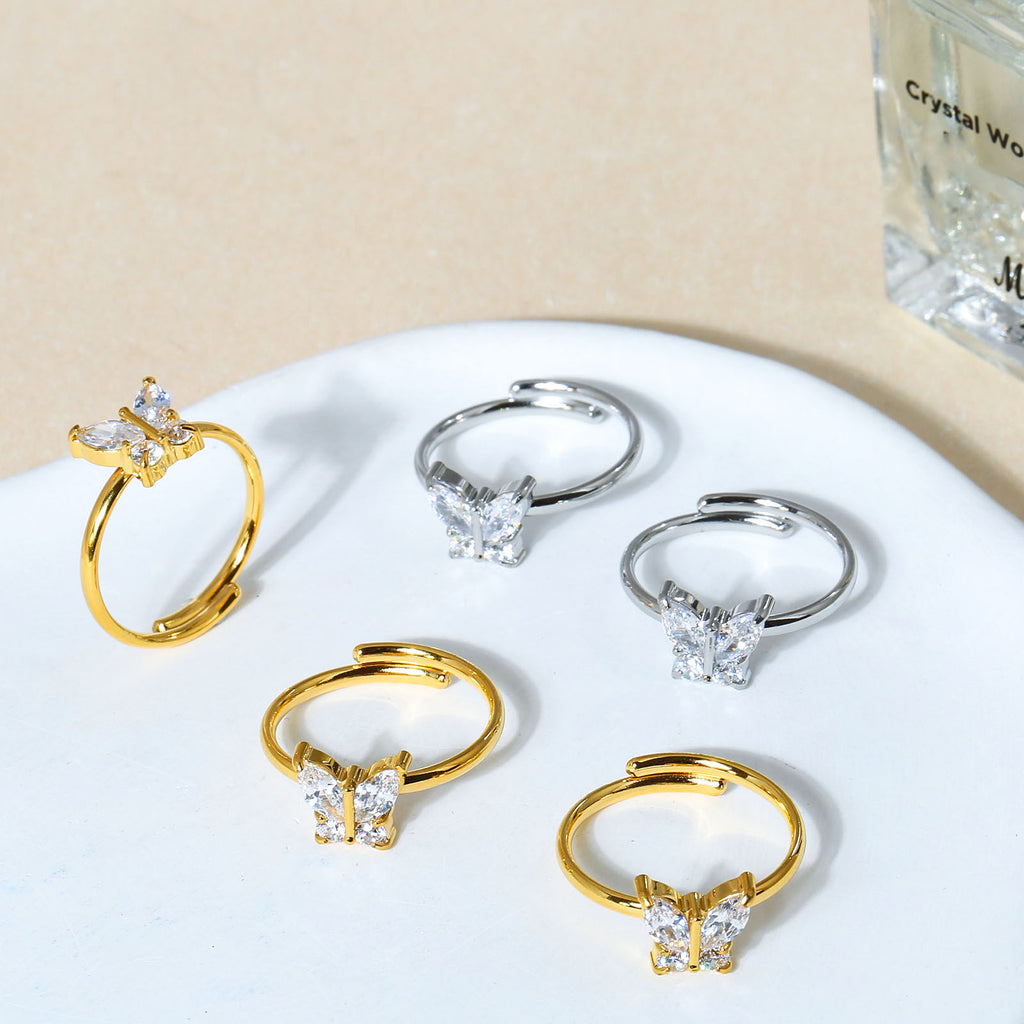 Adjustable Zircon Butterfly Ring Stainless Steel Women's Jewelry